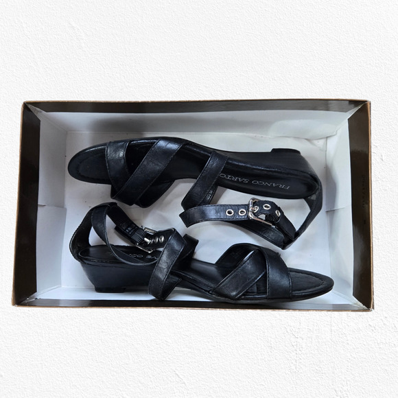 Franco Sarto Black Vegan Leather Strappy Open Toe Wedge Heel Sandals Size 7 - Picture 10 of 15